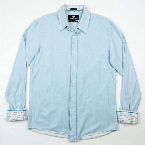 Buttercloth Icy Cotton Shirt Men Large Slim Fit Blue Geometric Stretch Button-Up - Picture 2 of 13